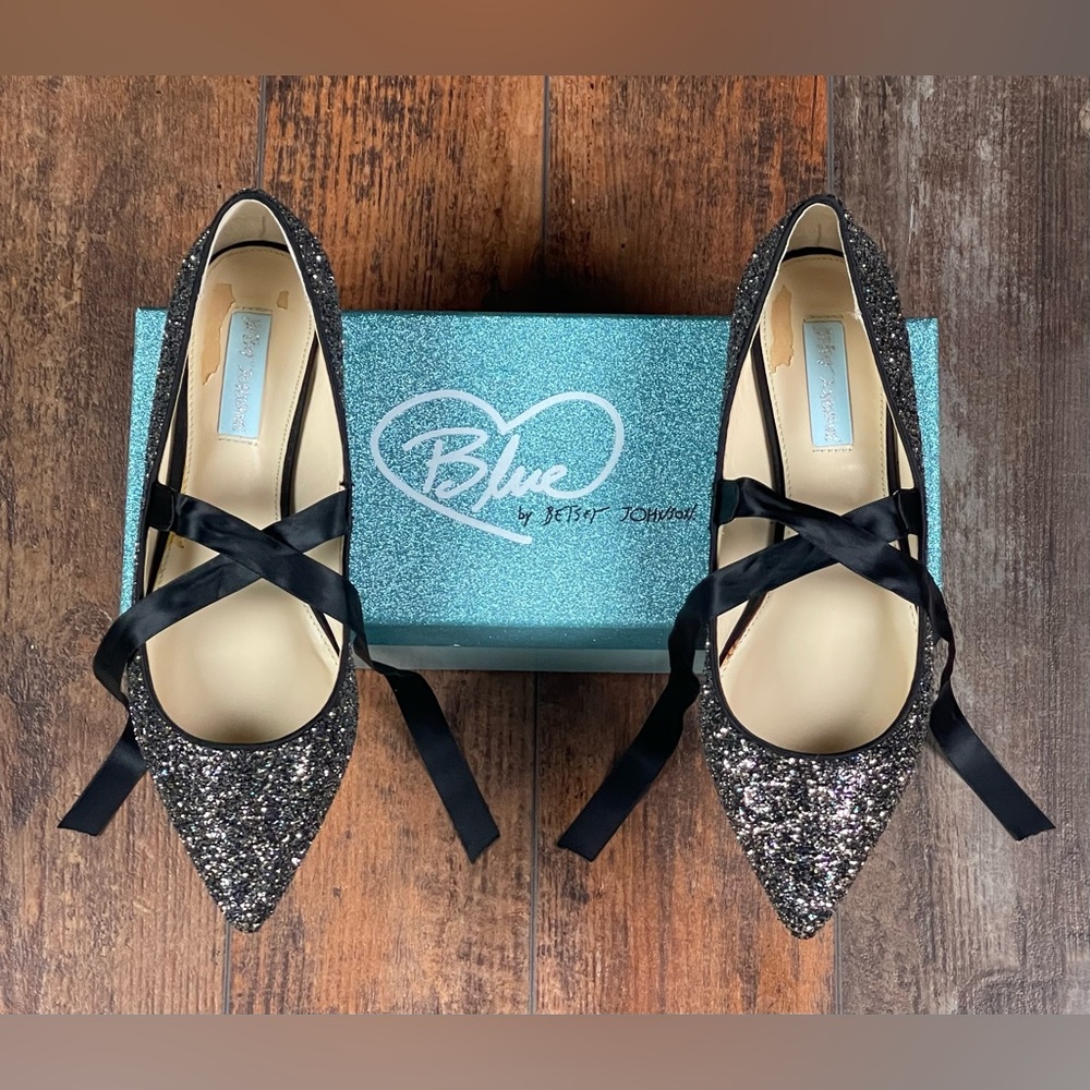 Betsey Johnson Black Glitter Pointed Toe Ballet Flats